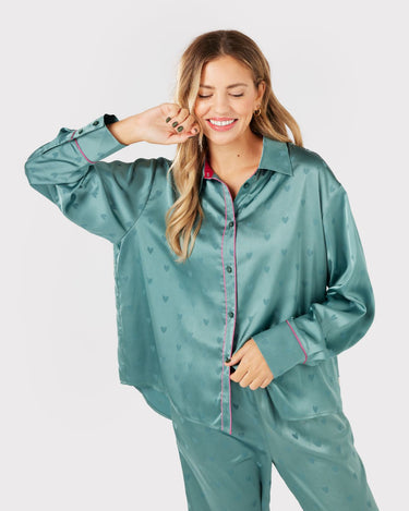 Teal Jacquard Heart Satin Oversized Button Up Long Pyjama Set